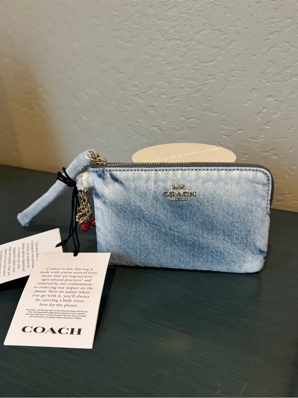 Coach Loved Denim Indigo Blue with Coach Cherry 🍒 & Signature C Gold Charms! NEW - Picture 2 of 10